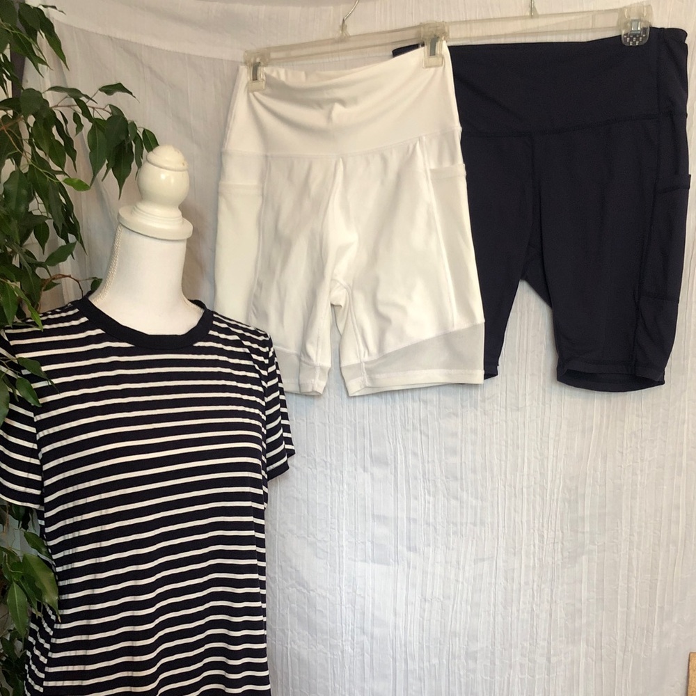 SHEIN & AERIE size L lot of 3 exercise workout outfit top & shorts navy & white